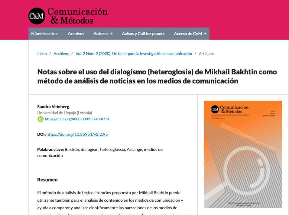 Sandra Veinberg Some Notes on the Use of Mikhail Bakhtin’s Dialogism (Heteroglossia) as a Method in Media Text Analysis